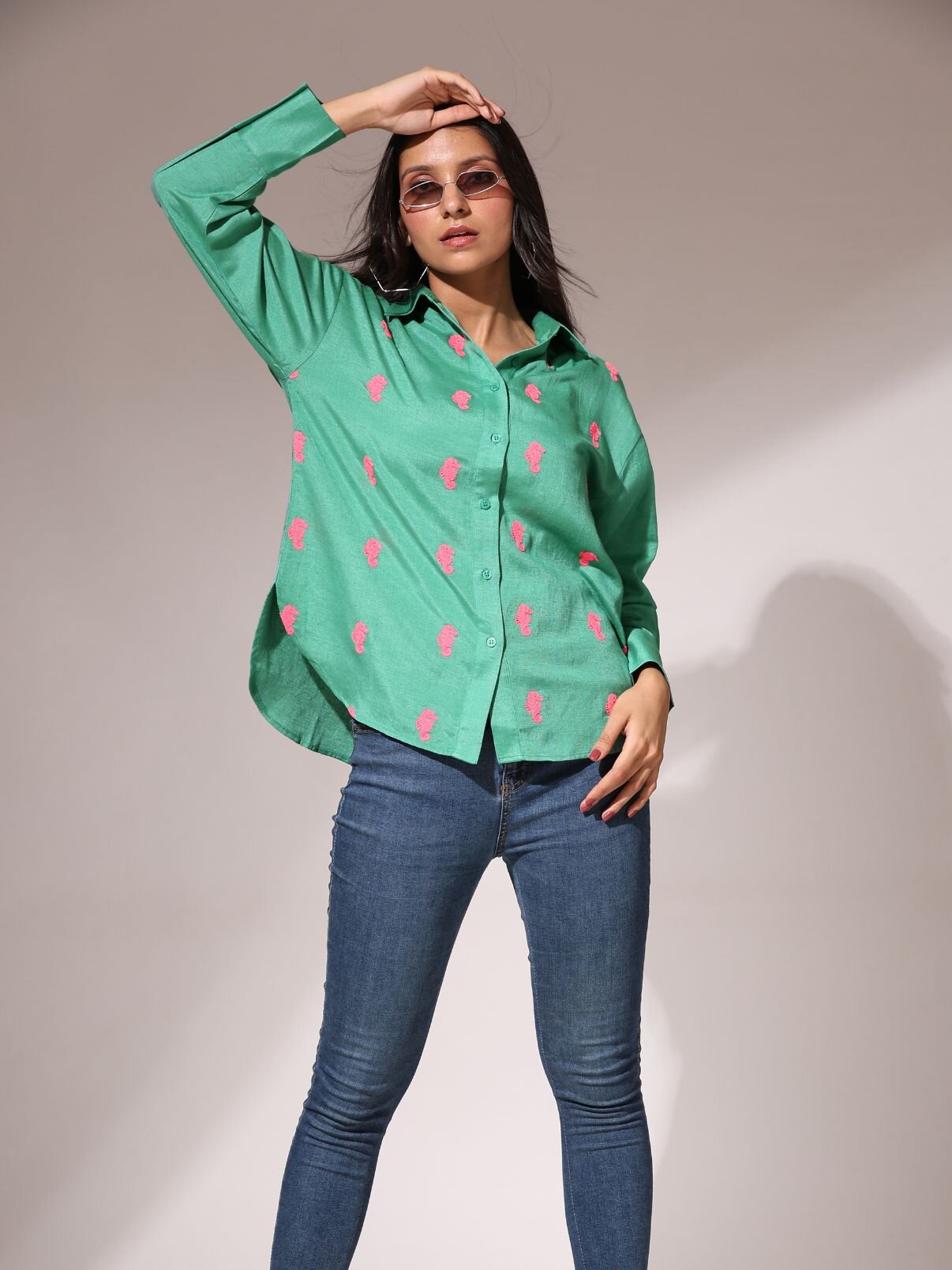 Oversized Embroidered Shirt- Seahorse Green