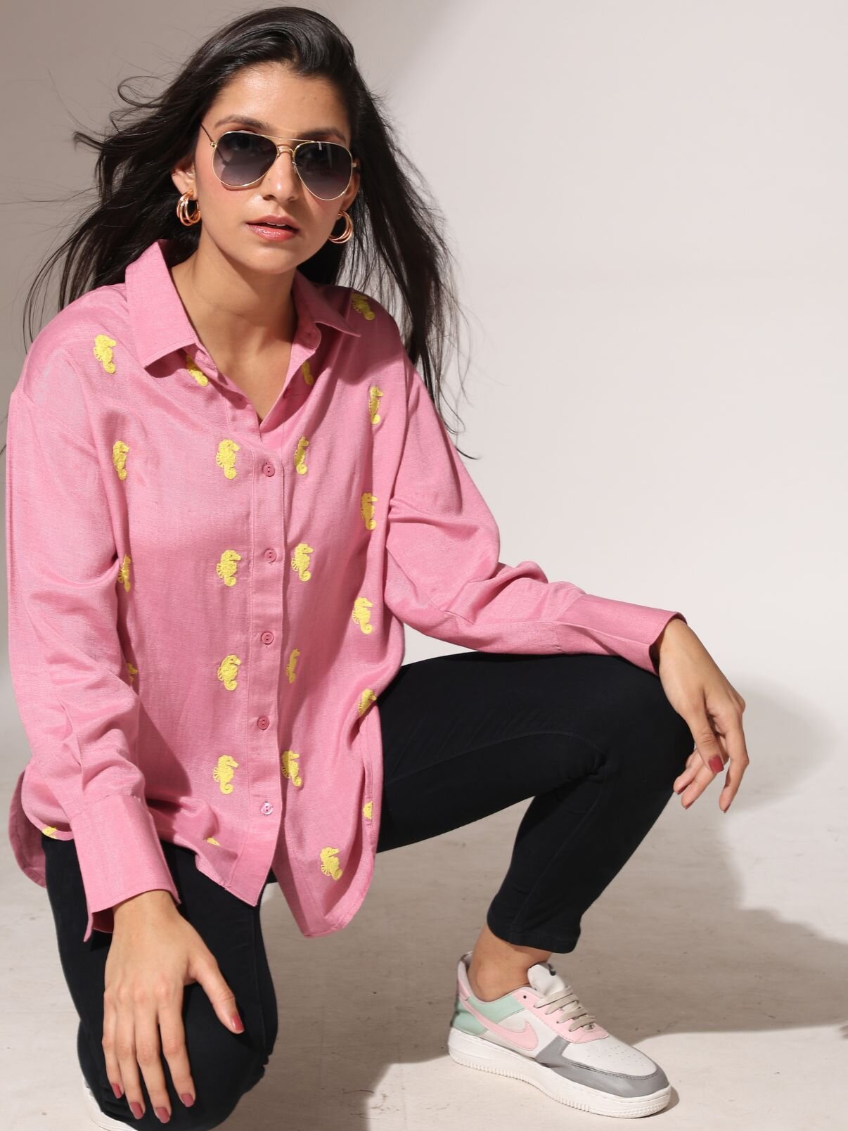 Oversized Embroidered Shirt- Seahorse Pink