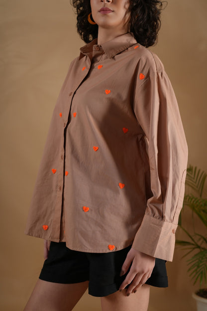 Oversized Embroidered Shirt- Heart Coffee