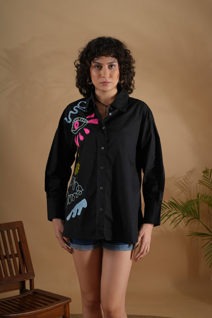 Oversized Embroidered Shirt- Makena Black