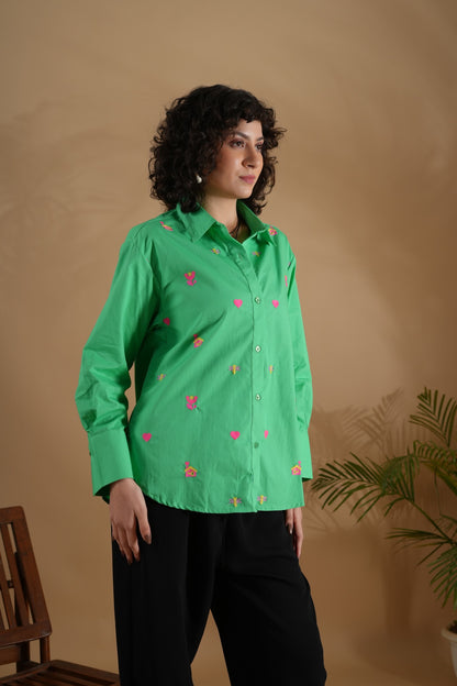 Oversized Embroidered Shirt- House Green