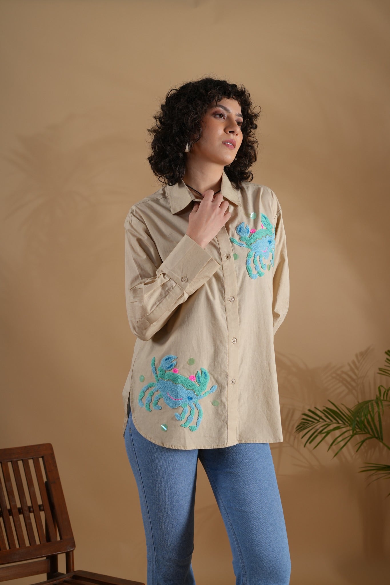 Comfort Fit Hand Embroidered Shirt- Crab Beige