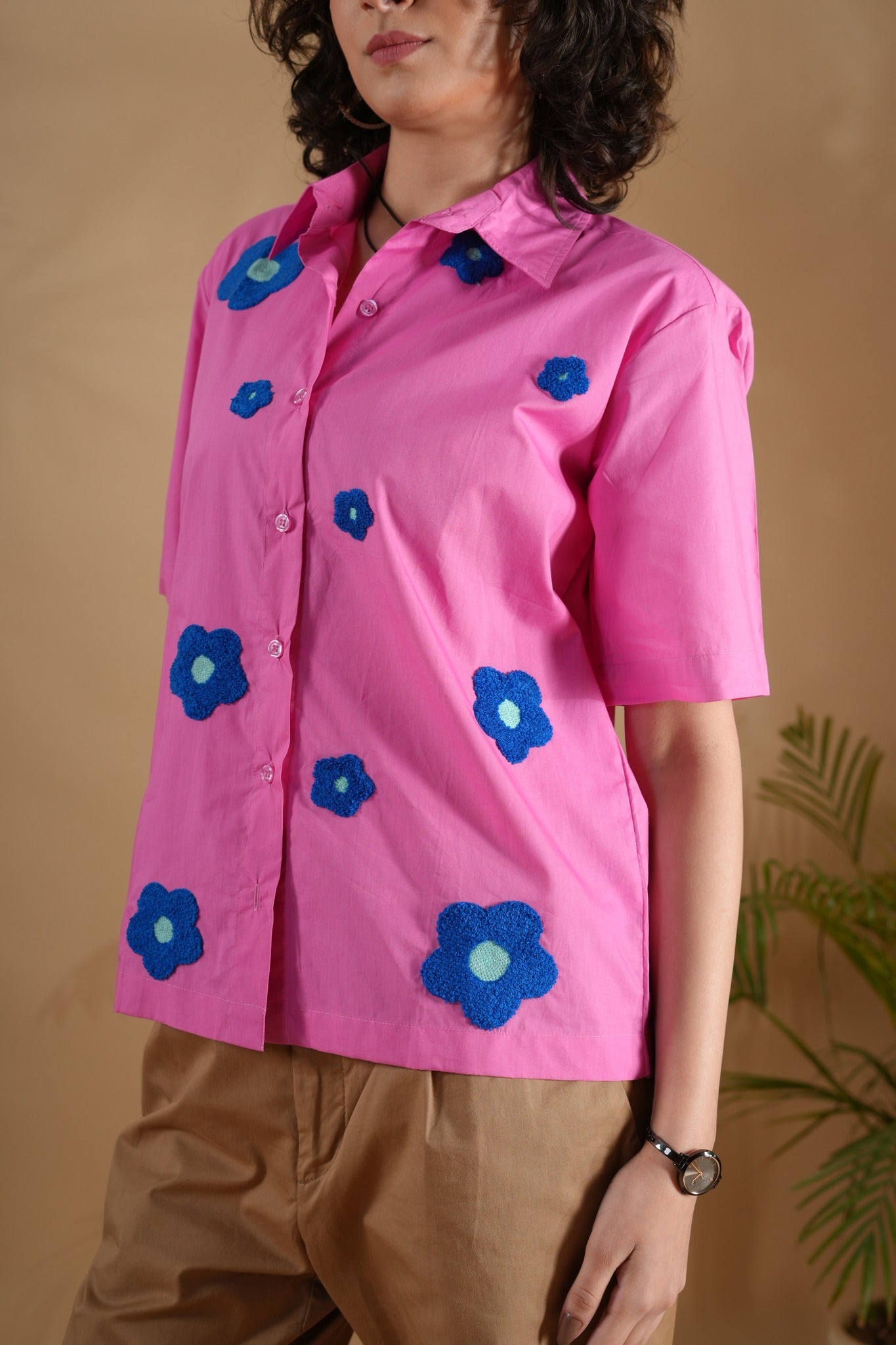 Boxy Fit- Flower Embroidered Shirt Pink