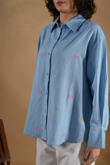 Oversized Embroidered Shirt- Tiny Crabs Blue