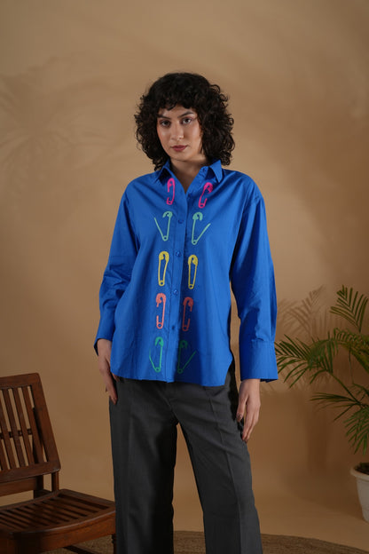 Comfort Fit Embroidered Shirt- Safety Pin Blue
