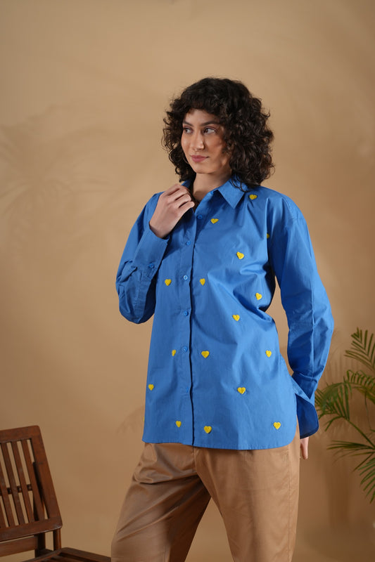 Oversized Embroidered Shirt- Heart Blue