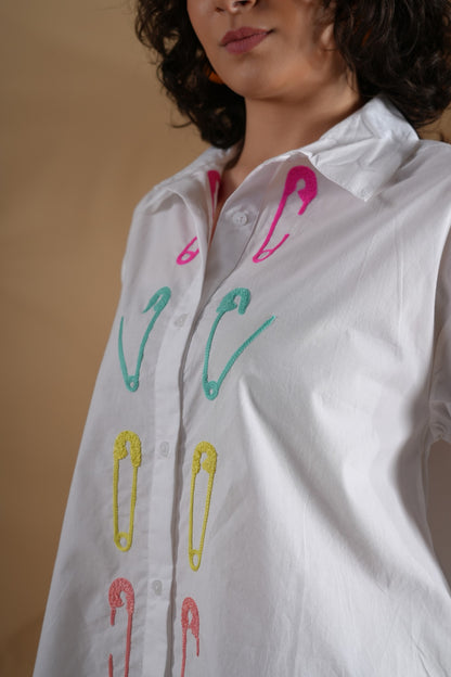 Comfort Fit Embroidered Shirt- Safety Pin White