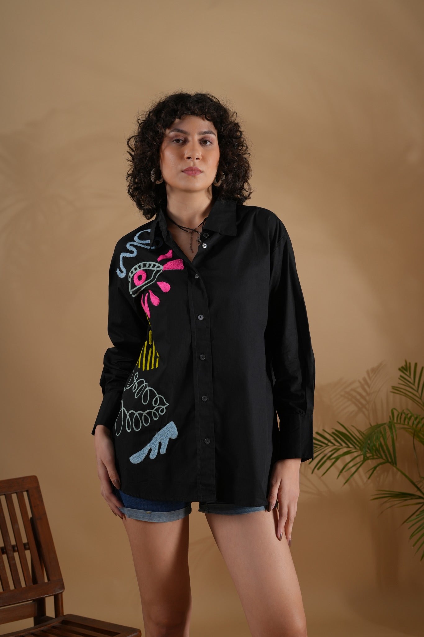 Oversized Embroidered Shirt- Makena Black