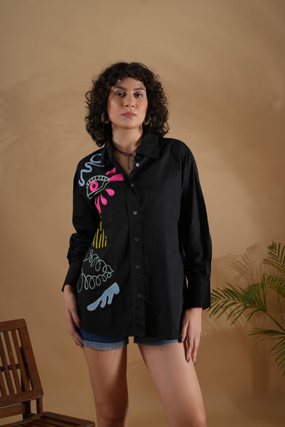 Oversized Embroidered Shirt- Makena Black