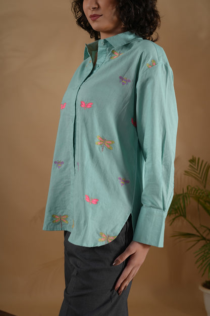 Comfort Fit Embroidered Shirt- Bug Mint