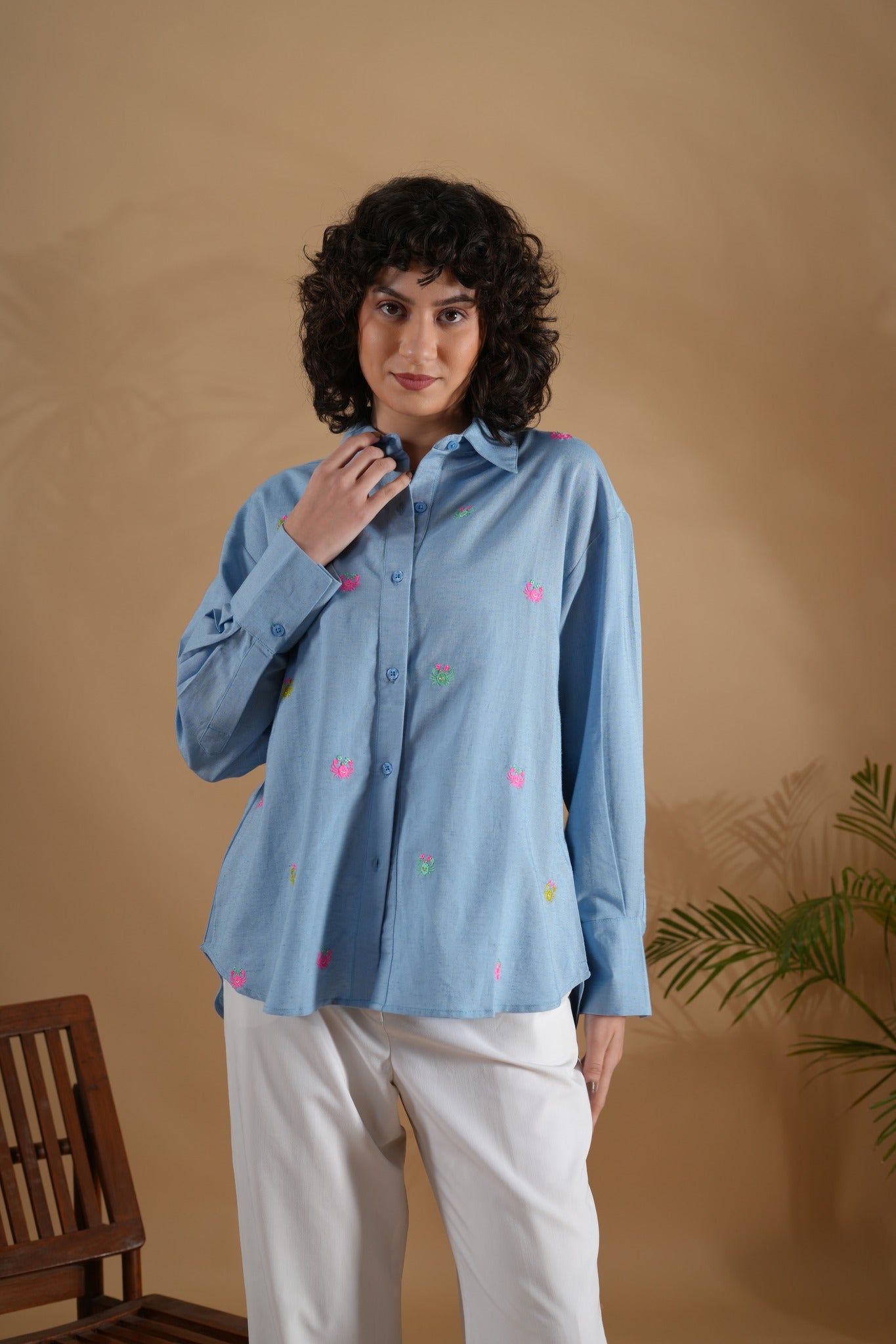 Oversized Embroidered Shirt- Tiny Crabs Blue