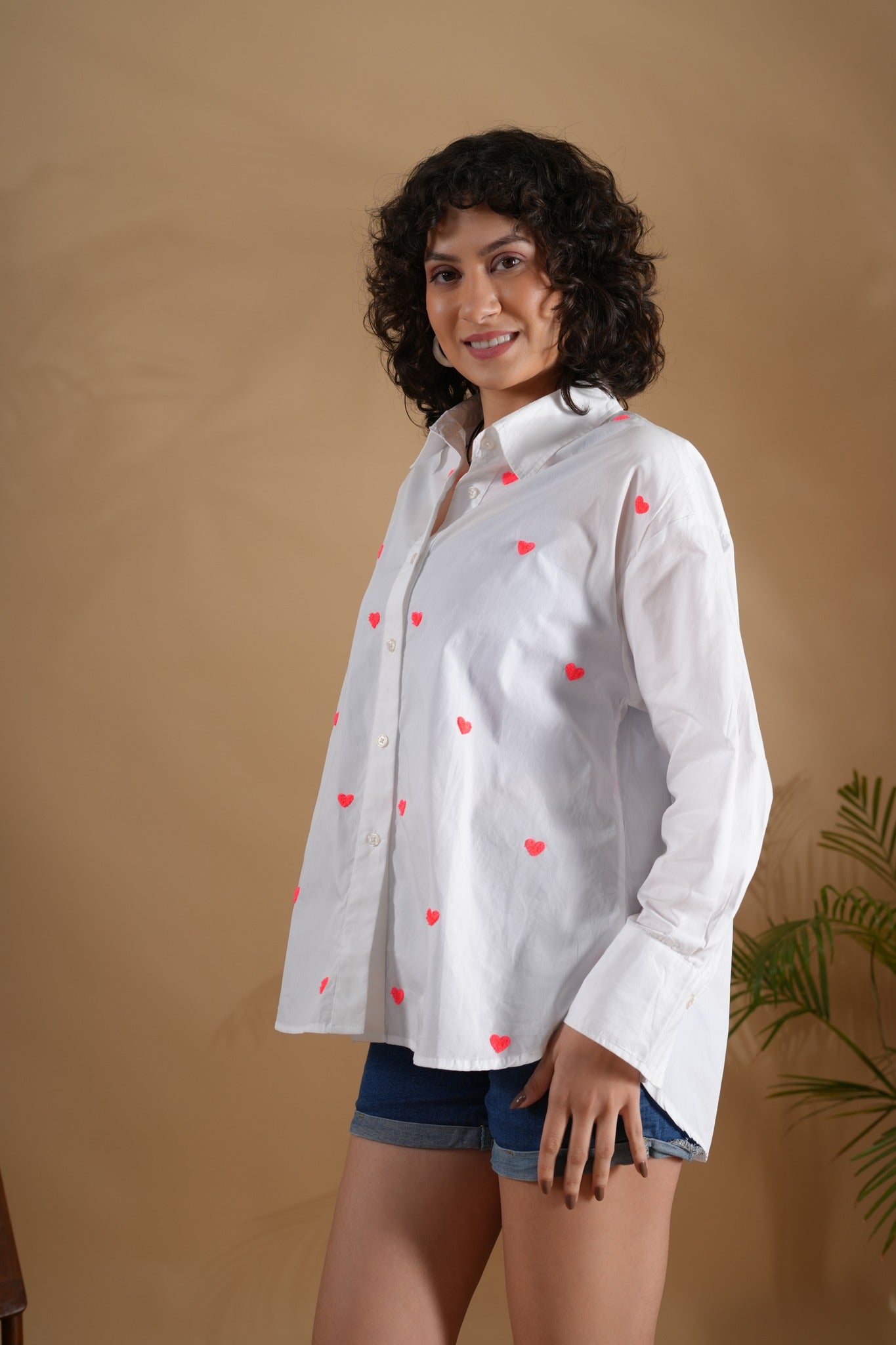 Oversized Embroidered Shirt- Heart White