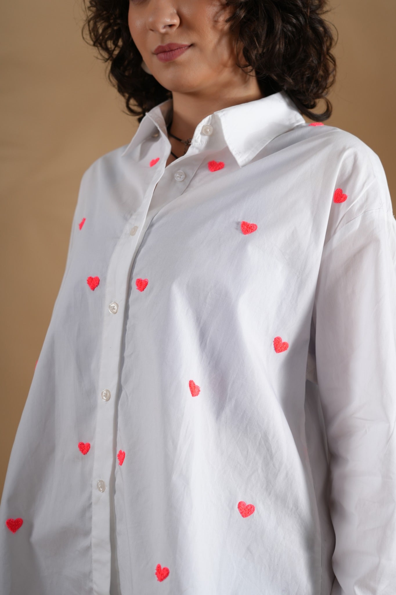 Oversized Embroidered Shirt- Heart White