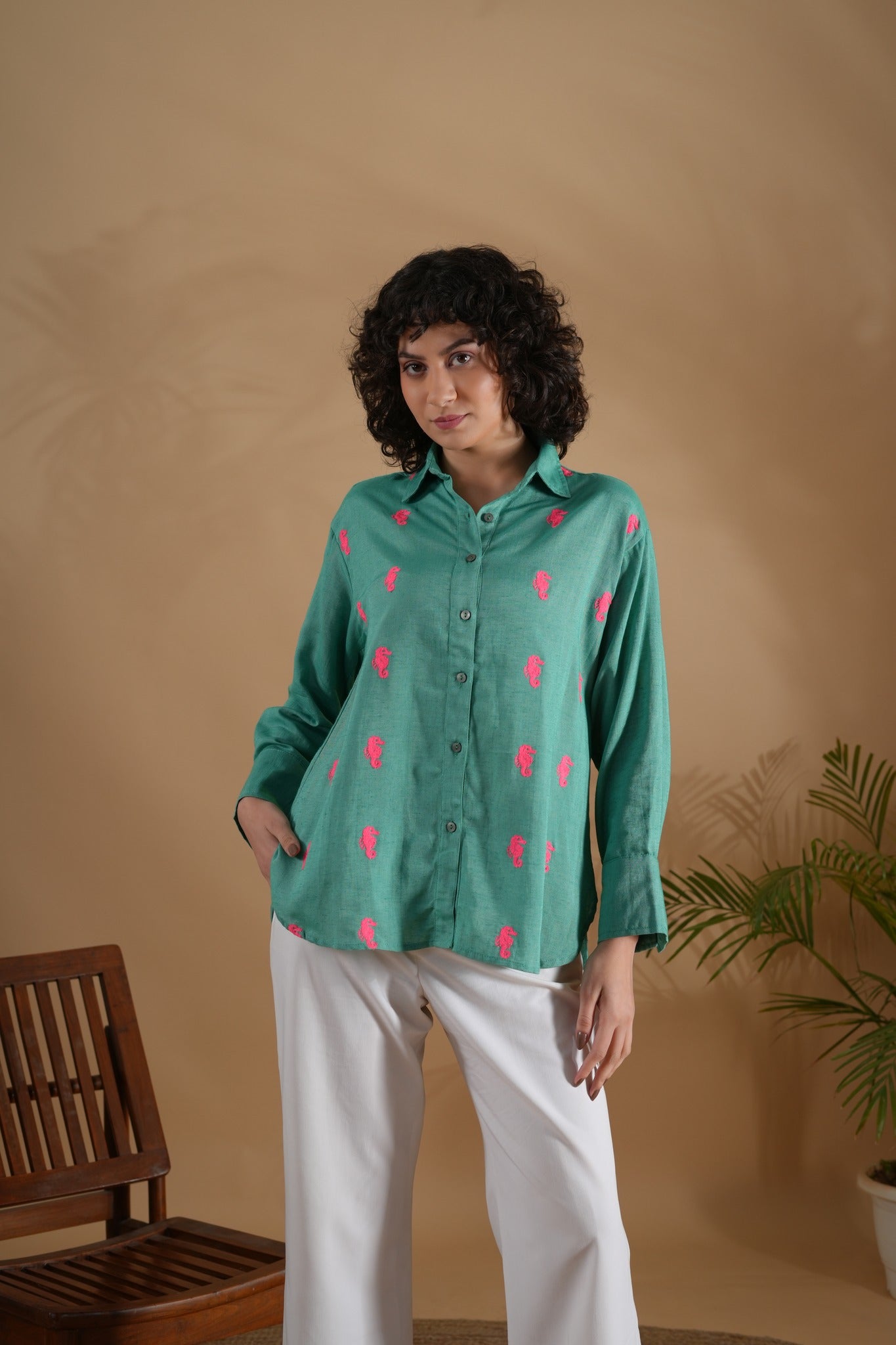 Oversized Embroidered Shirt- Seahorse Green