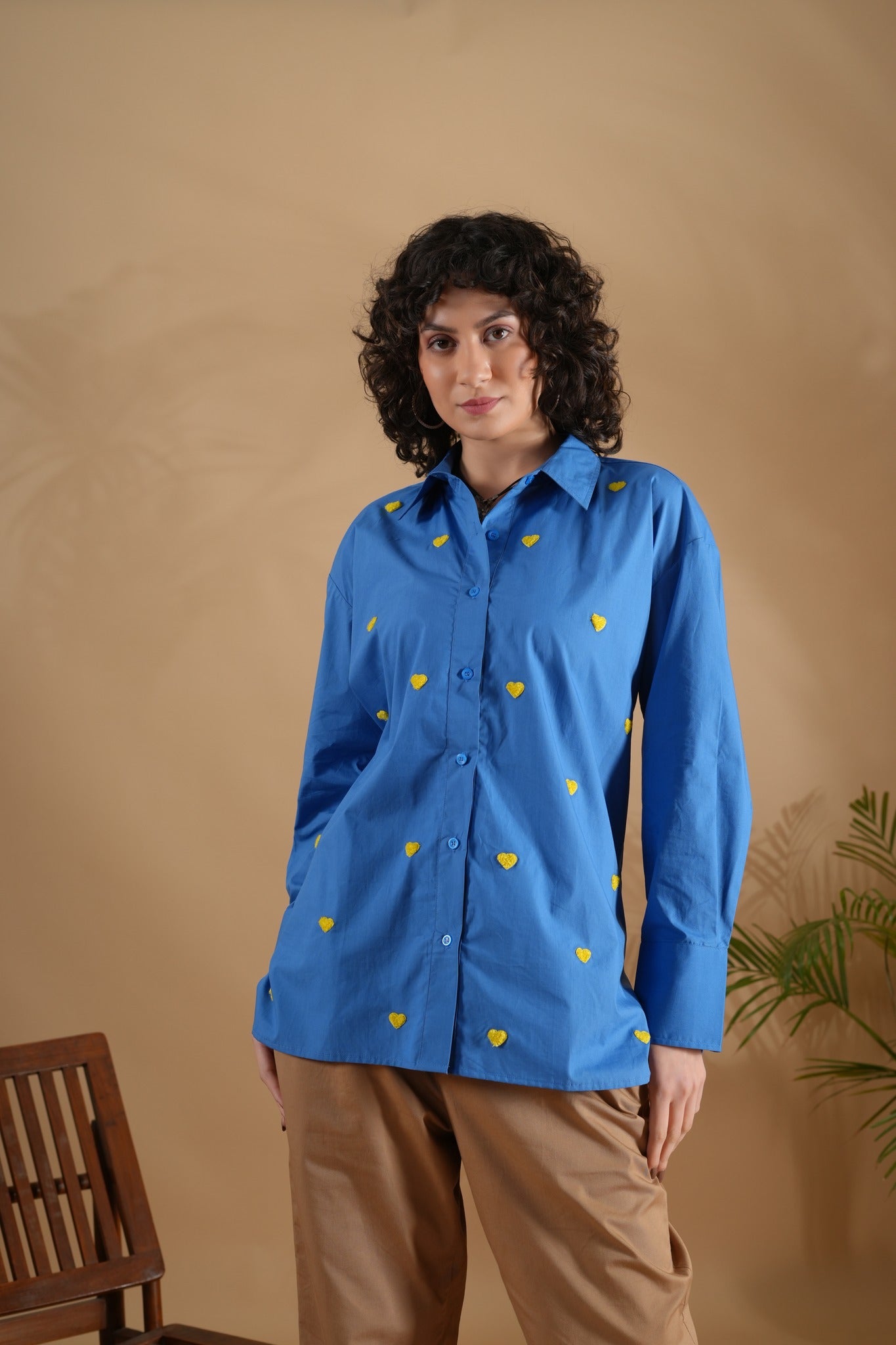 Oversized Embroidered Shirt- Heart Blue