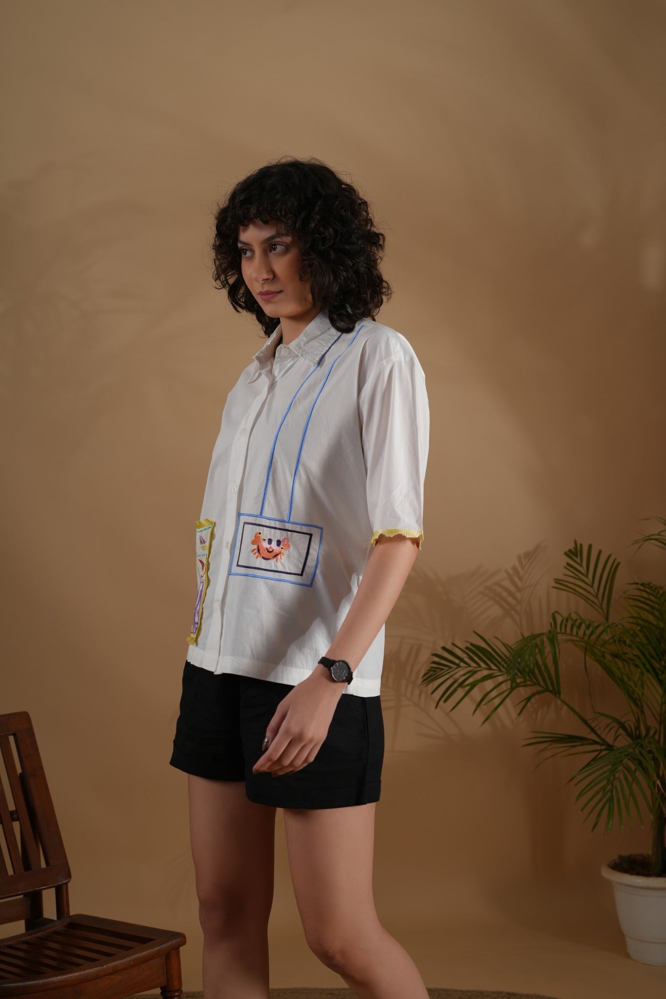 Boxy Fit Embroidered Shirt- Marine Offwhite