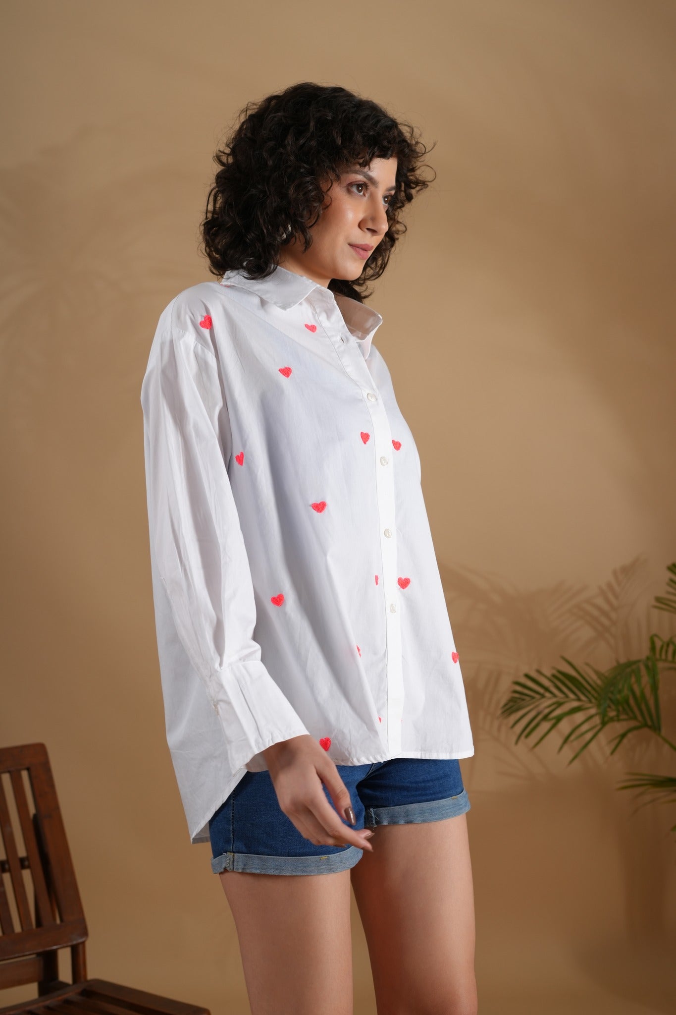 Oversized Embroidered Shirt- Heart White