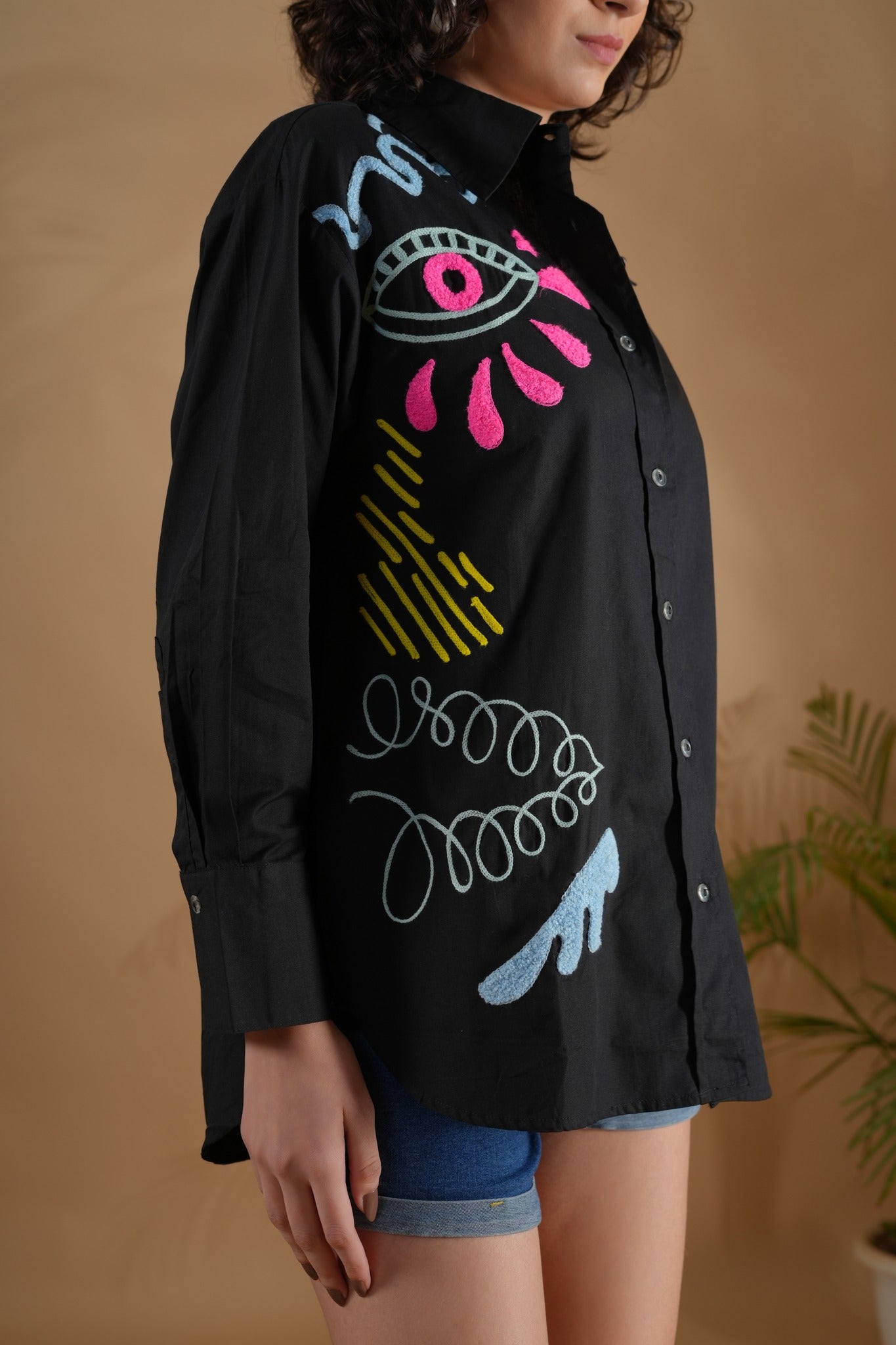 Oversized Embroidered Shirt- Makena Black