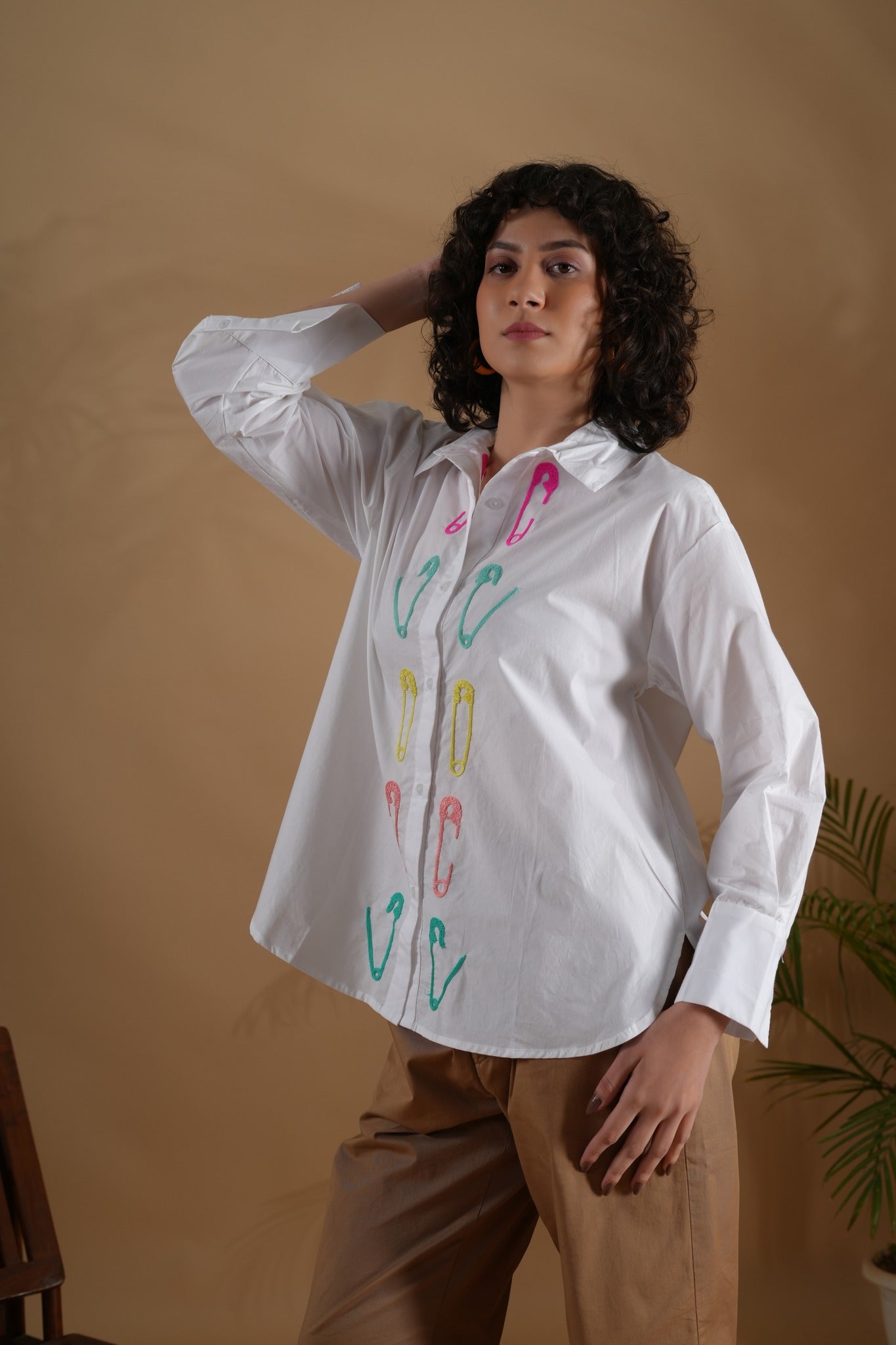 Comfort Fit Embroidered Shirt- Safety Pin White