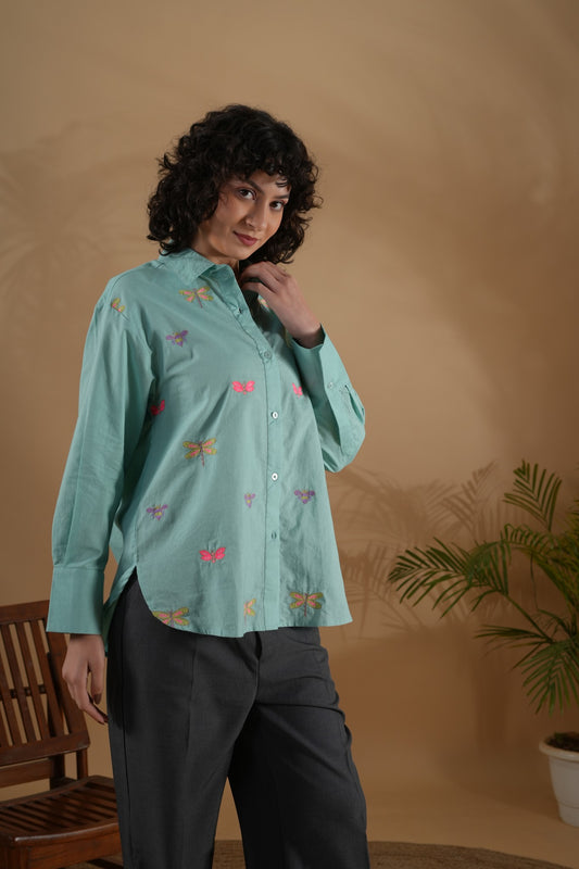 Comfort Fit Embroidered Shirt- Bug Mint