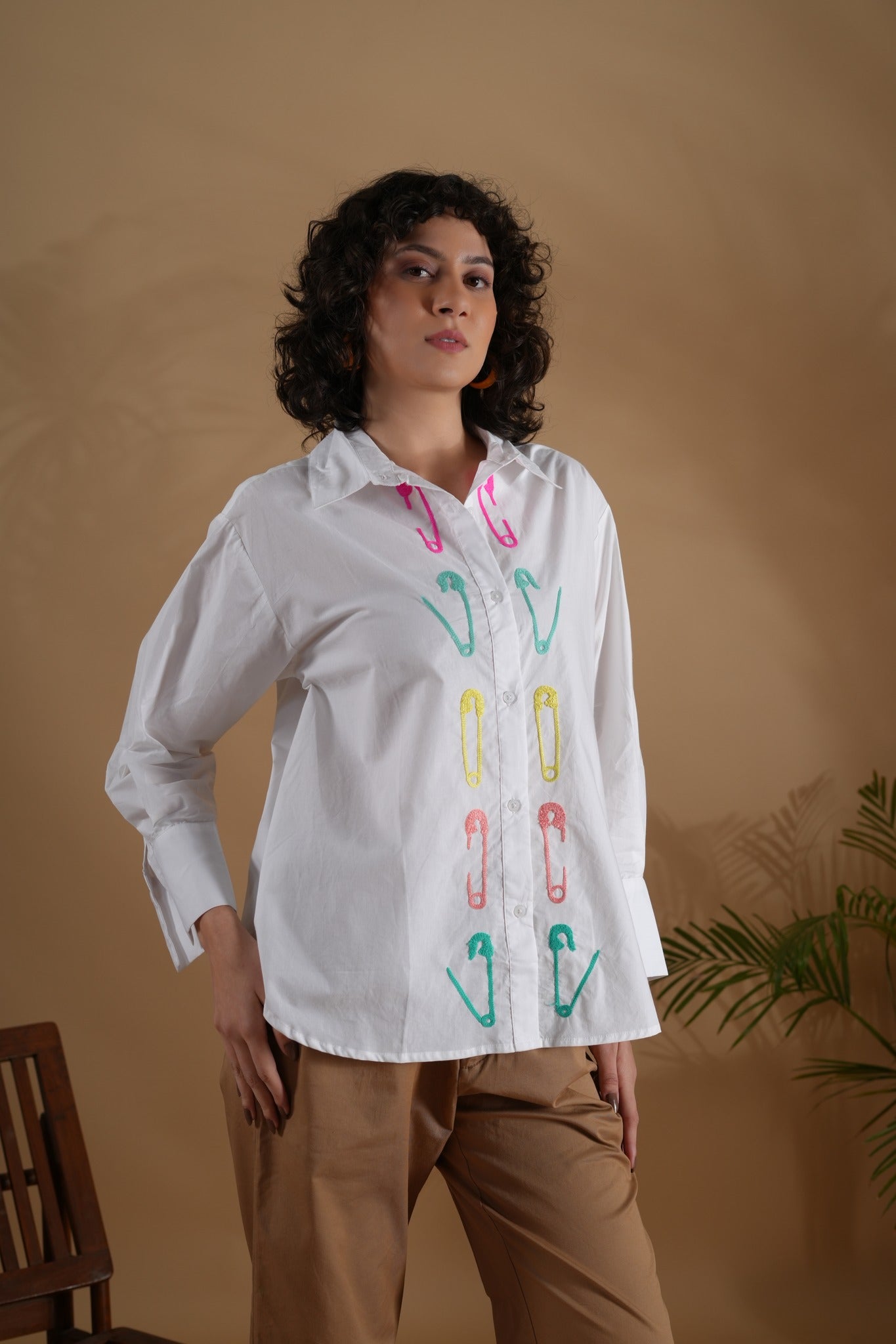 Comfort Fit Embroidered Shirt- Safety Pin White