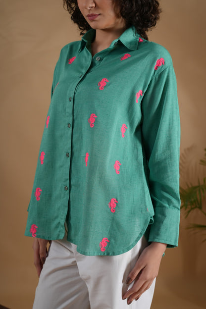 Oversized Embroidered Shirt- Seahorse Green