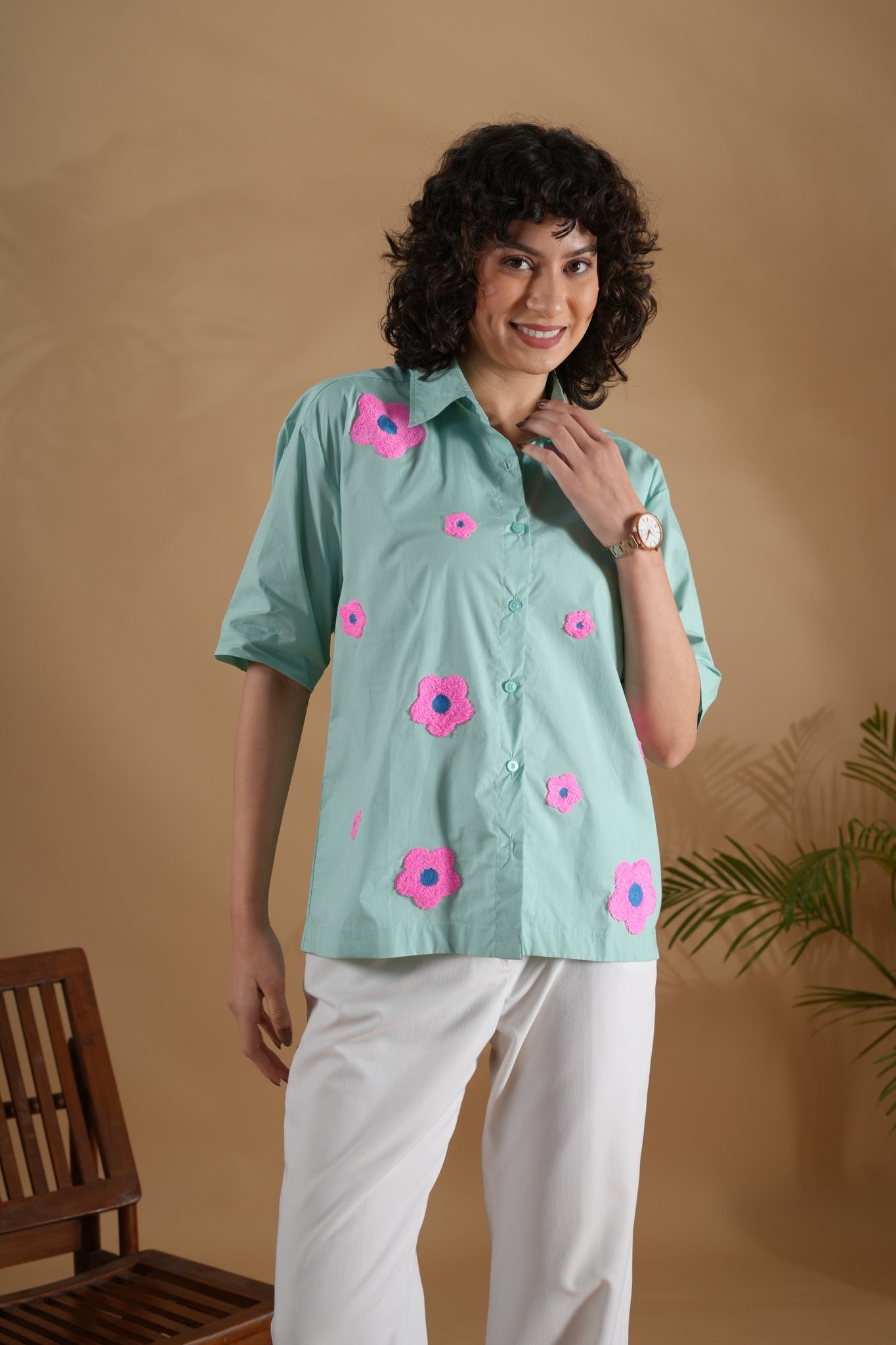 Boxy Fit- Flower Embroidered Shirt Blue