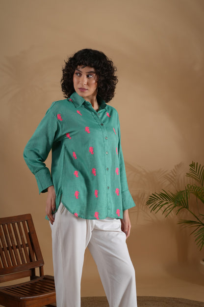Oversized Embroidered Shirt- Seahorse Green