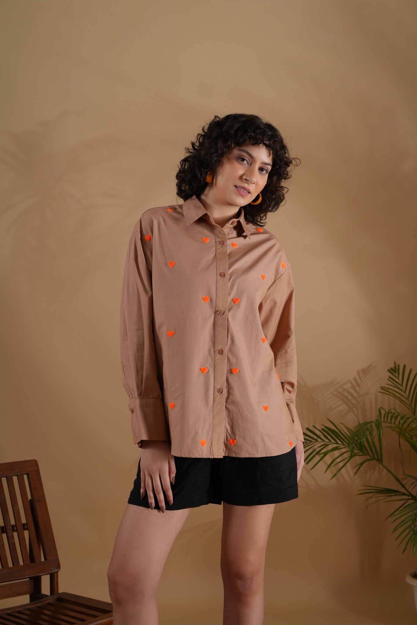 Oversized Embroidered Shirt- Heart Coffee