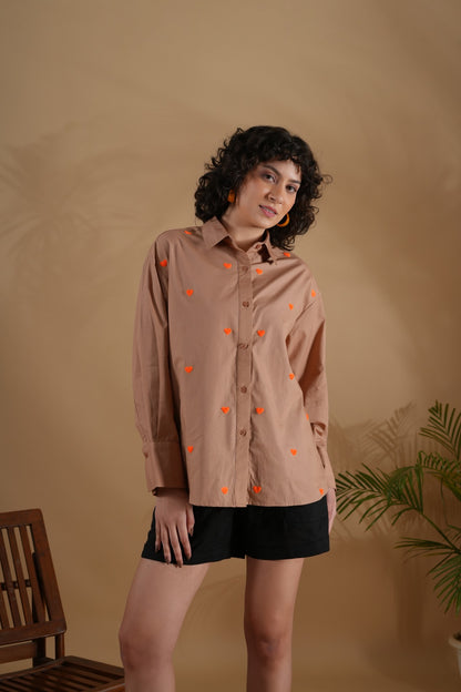 Oversized Embroidered Shirt- Heart Coffee