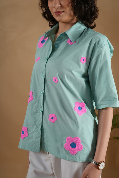 Boxy Fit- Flower Embroidered Shirt Blue