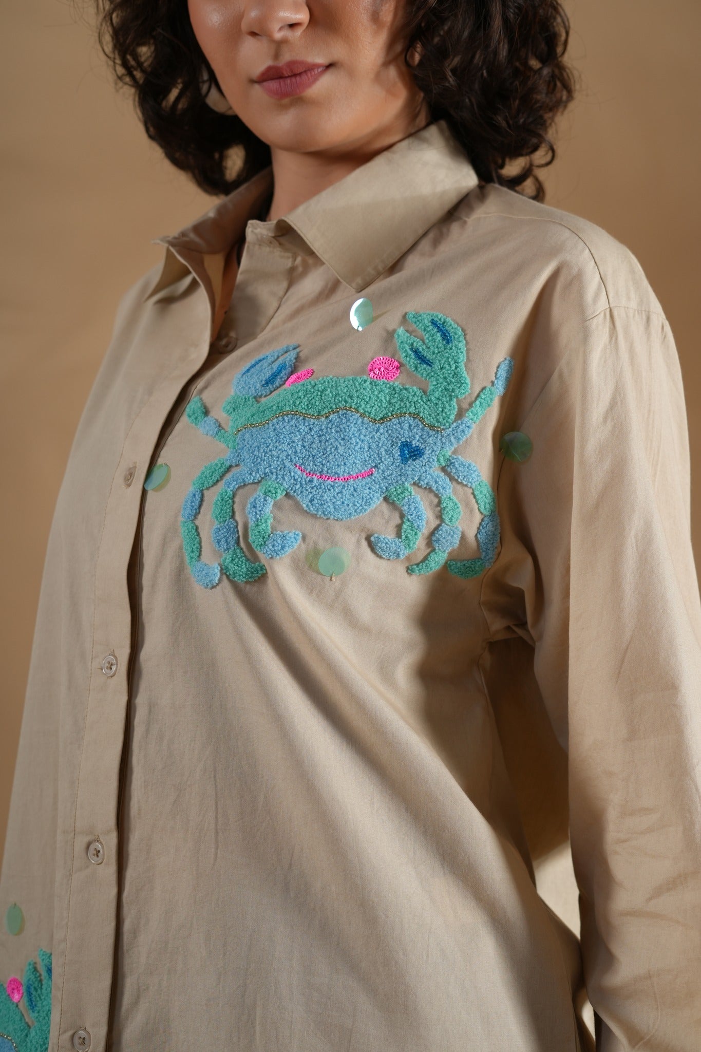 Comfort Fit Hand Embroidered Shirt- Crab Beige