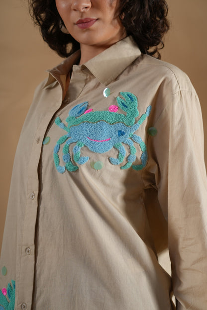 Comfort Fit Hand Embroidered Shirt- Crab Beige