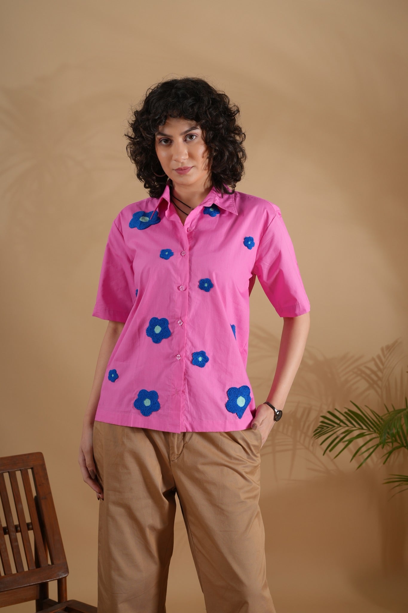 Boxy Fit- Flower Embroidered Shirt Pink