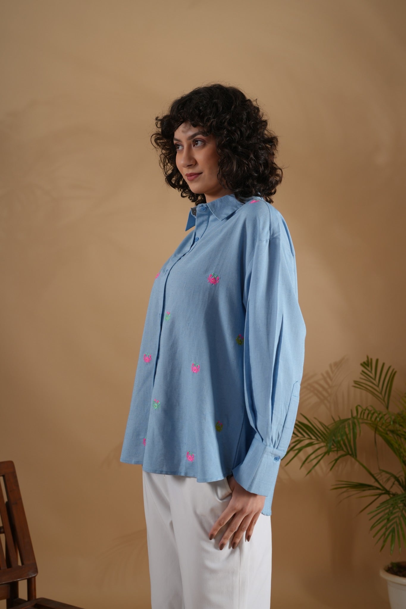 Oversized Embroidered Shirt- Tiny Crabs Blue