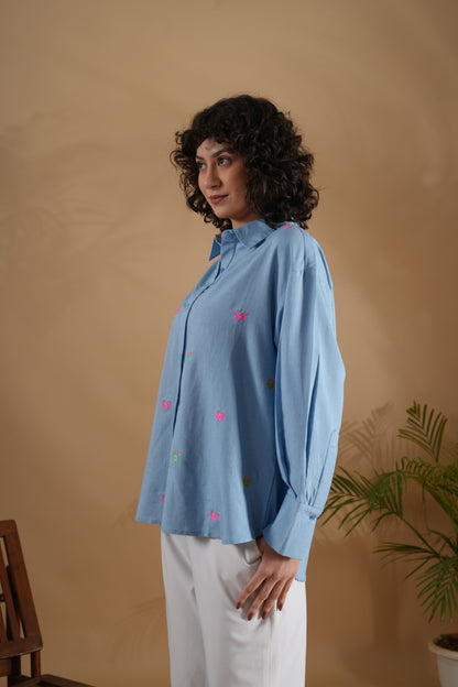 Oversized Embroidered Shirt- Tiny Crabs Blue