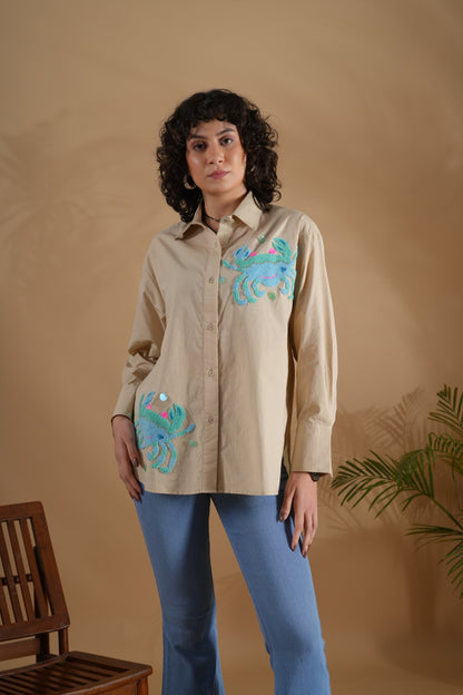 Comfort Fit Hand Embroidered Shirt- Crab Beige