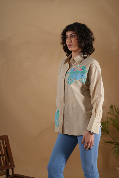 Comfort Fit Hand Embroidered Shirt- Crab Beige