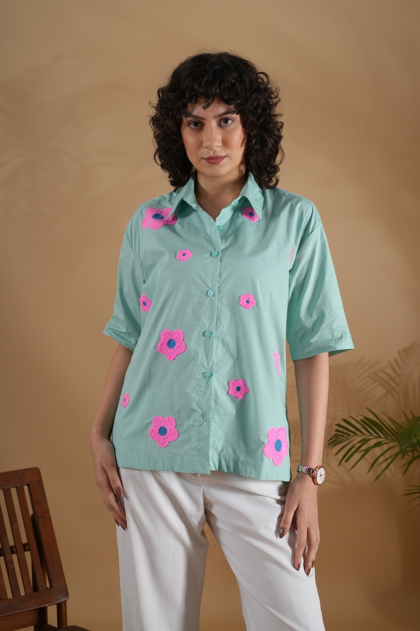 Boxy Fit- Flower Embroidered Shirt Blue