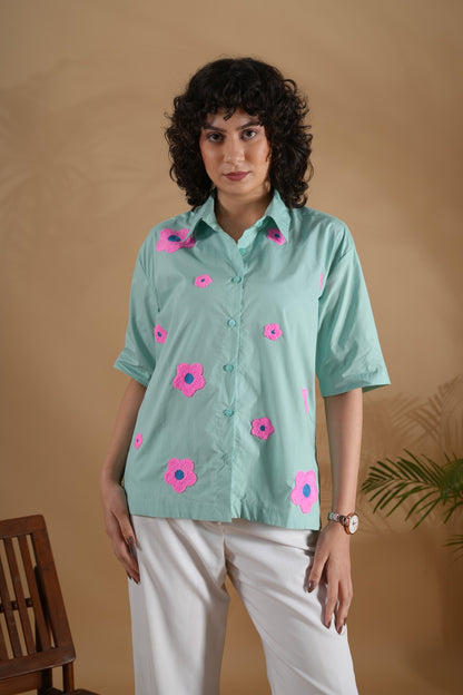 Boxy Fit- Flower Embroidered Shirt Blue