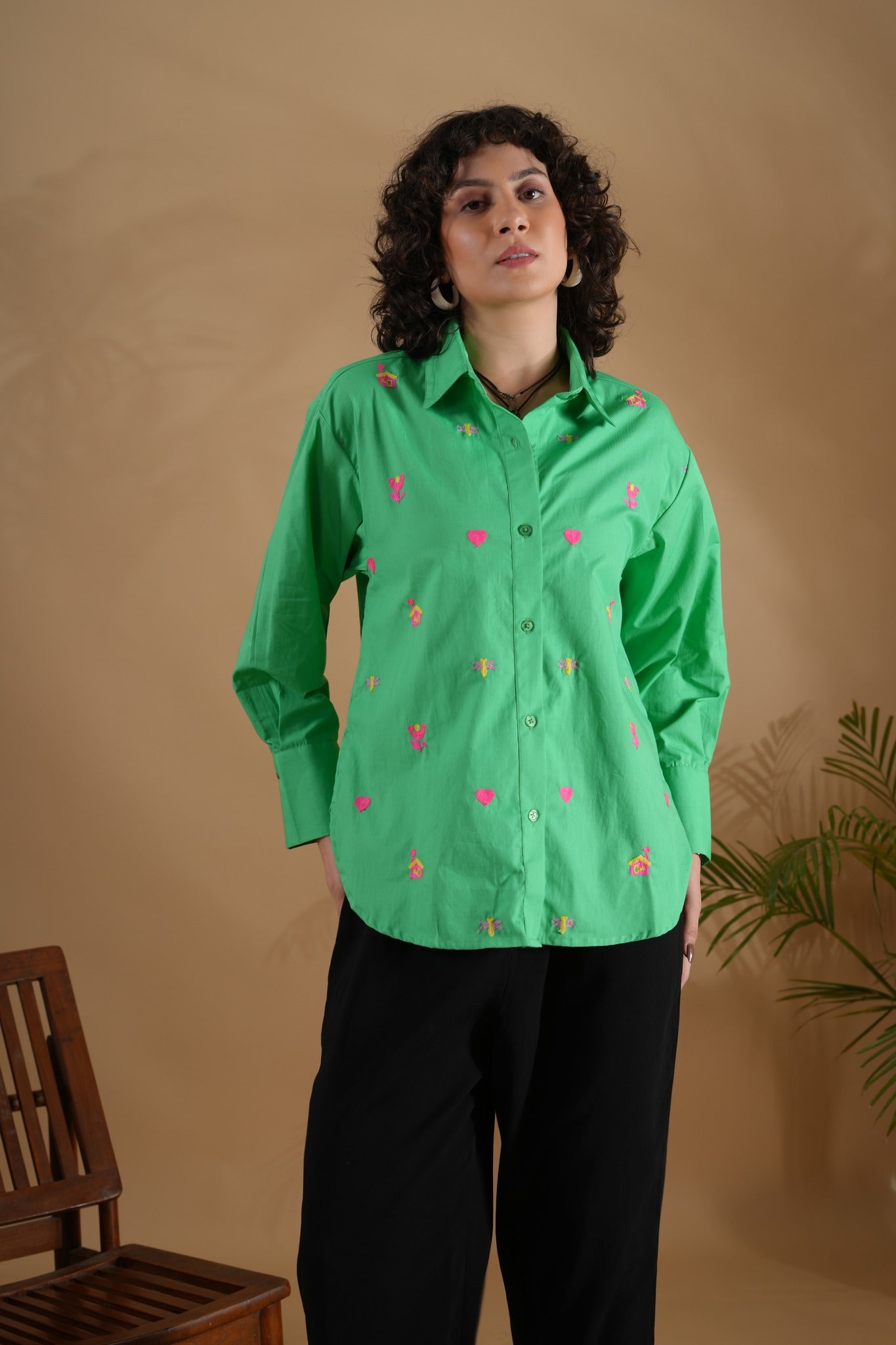 Oversized Embroidered Shirt- House Green