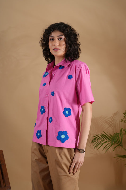 Boxy Fit- Flower Embroidered Shirt Pink