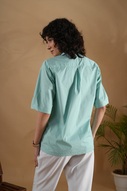 Boxy Fit- Flower Embroidered Shirt Blue