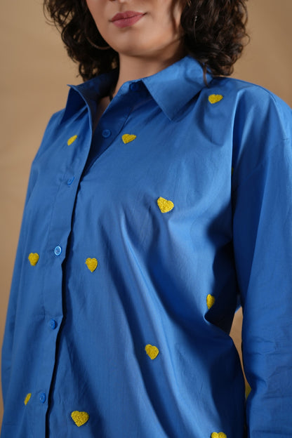 Oversized Embroidered Shirt- Heart Blue