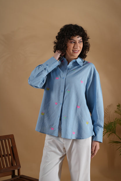 Oversized Embroidered Shirt- Tiny Crabs Blue