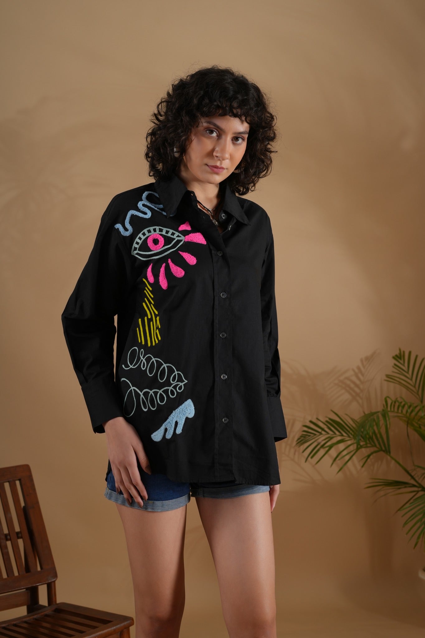 Oversized Embroidered Shirt- Makena Black