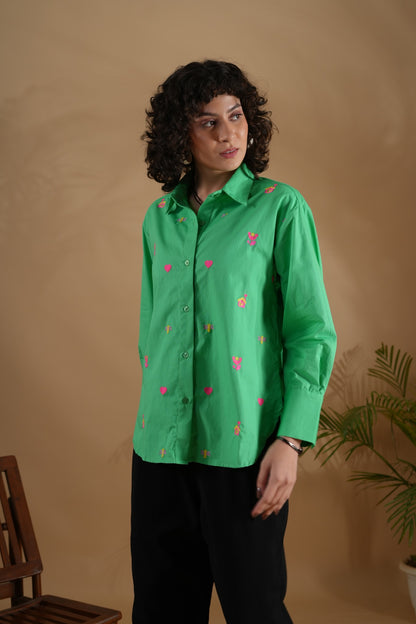 Oversized Embroidered Shirt- House Green