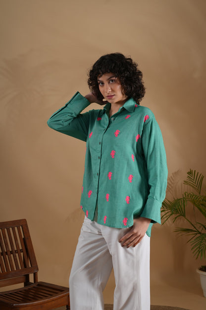 Oversized Embroidered Shirt- Seahorse Green