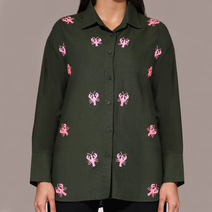 Oversized Embroidered Shirt- Lobster Olive