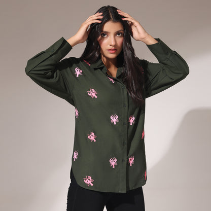 Oversized Embroidered Shirt- Lobster Olive